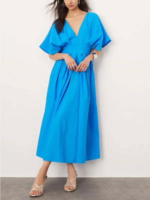 V-Neck Short Sleeve Charming Midi Dress In Blue Comfortable Floral Print Midi Dress