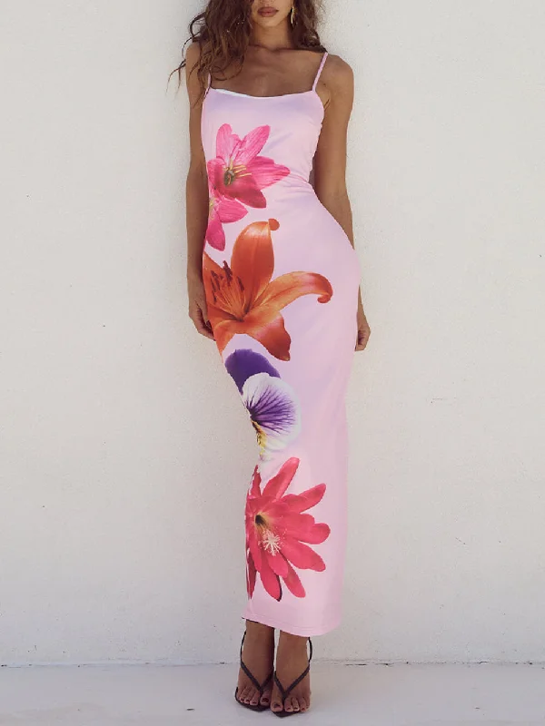 Unique Violet Floral Charming Print Strap Midi Dress Stylish Satin Midi Dress