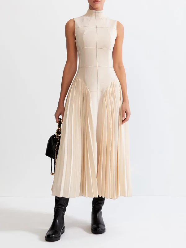 Unique Pleated Paneled Charming Sleeveless Midi Dress Comfortable Ribbed Midi Dress