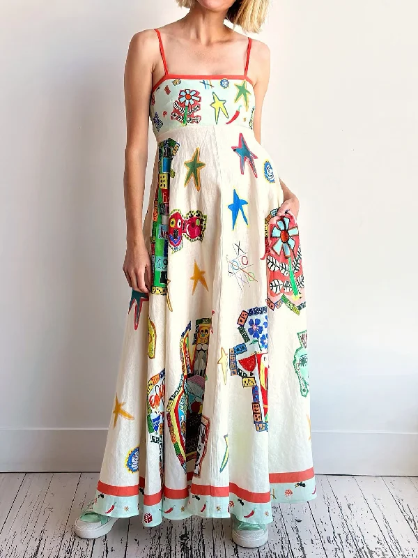 Unique Graffiti Print Suspenders Graceful Long Swing Midi Dress Elegant Floral Appliqué Midi Dress Unique Graffiti Print Suspenders Graceful Long Swing Midi Dress Elegant Floral Appliqué Midi Dress
