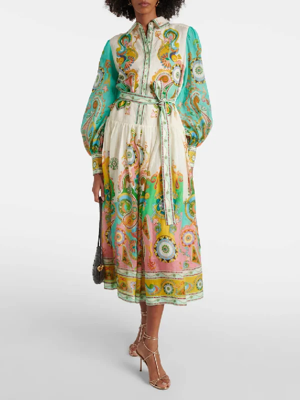 Unique Exquisite Print Puff Graceful Sleeve Tie Midi Dress Fashionable Sheer Sleeve Midi Dress Unique Exquisite Print Puff Graceful Sleeve Tie Midi Dress Fashionable Sheer Sleeve Midi Dress