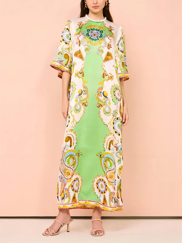 Unique Cashew Floral Charming Print Loose Midi Dress Stylish Color Block Midi Dress