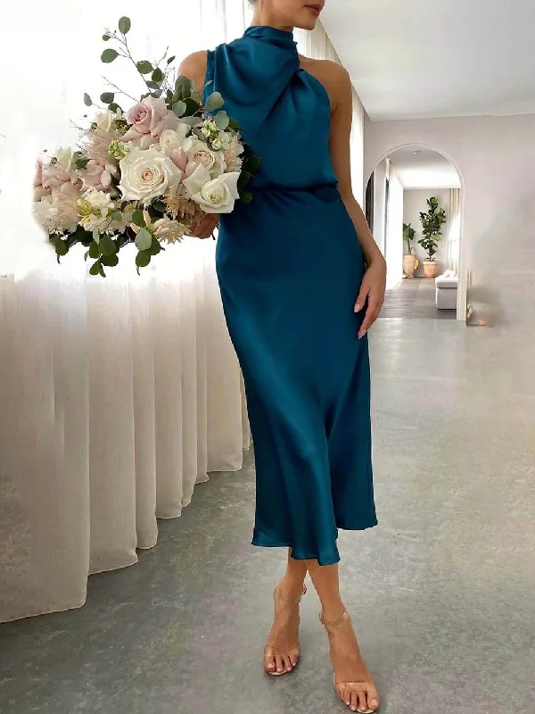 Unique Bridesmaid Sleeveless Charming High Neck Midi Dresses Elegant Pleated Sleeve Midi Dress Unique Bridesmaid Sleeveless Charming High Neck Midi Dresses Elegant Pleated Sleeve Midi Dress