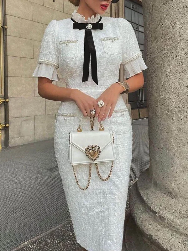 Tweed Pearl Trim Bow Graceful Design Formal Midi Dress Fashionable Fitted Midi Dress Tweed Pearl Trim Bow Graceful Design Formal Midi Dress Fashionable Fitted Midi Dress