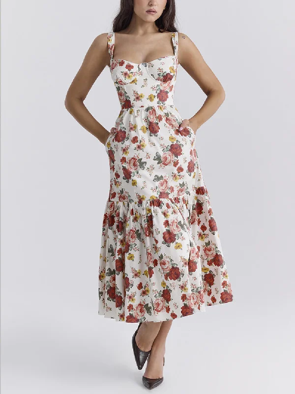 Sweet Spicy Style Charming Floral Backless Midi Dresses Stylish Silk Midi Dress