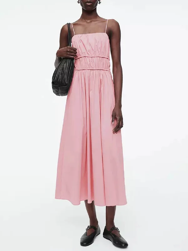 Suspender Pleated Stylish Waist Midi Dress Comfortable Ruched Midi Dress