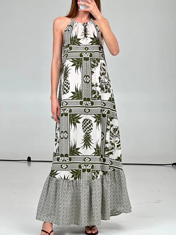 Summer Floral Print Halter Graceful Neck Loose Midi Dress Cozy Midi Dress with Pockets Summer Floral Print Halter Graceful Neck Loose Midi Dress Cozy Midi Dress with Pockets