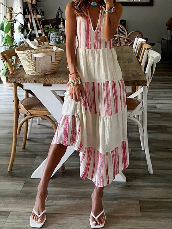 Stylish Striped Printed Charming V-Neck Sleeveless Midi Dress Trendy Off-Shoulder Ruffle Midi Dress
