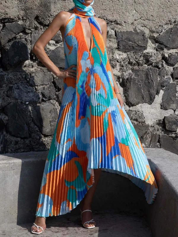 Stylish Pleated Halterneck Charming Strappy Backless Midi Dress Fashionable Floral Embroidery Midi Dress