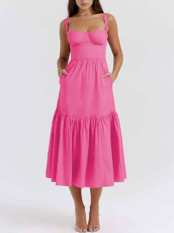 Strap Solid Color Charming A-Hem Midi Dress Comfortable Casual Midi Dress