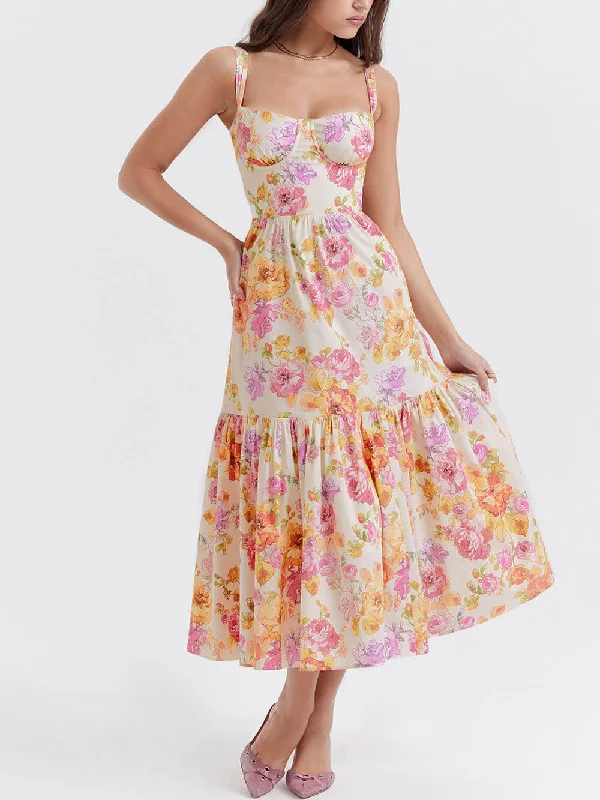 Strap A-Hem Stylish Floral Midi Dress Elegant Pleated Detail Midi Dress