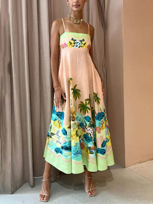 Sling Printed Stylish Casual Midi Dress Trendy Flared Sleeve Midi Dress