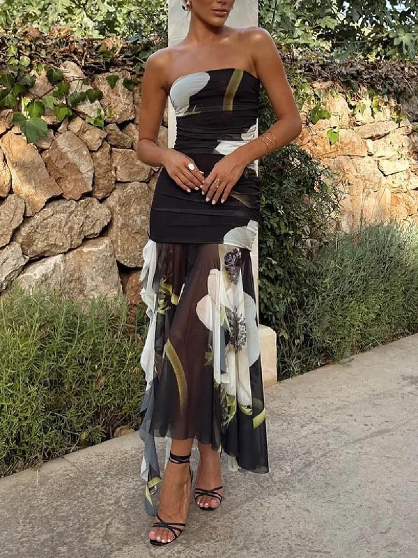 Mesh Overlay Floral Print Off Trendy Shoulder Ruched Ruffles Stretch Midi Dress Elegant Maxi-Midi Hybrid Dress Mesh Overlay Floral Print Off Trendy Shoulder Ruched Ruffles Stretch Midi Dress Elegant Maxi-Midi Hybrid Dress