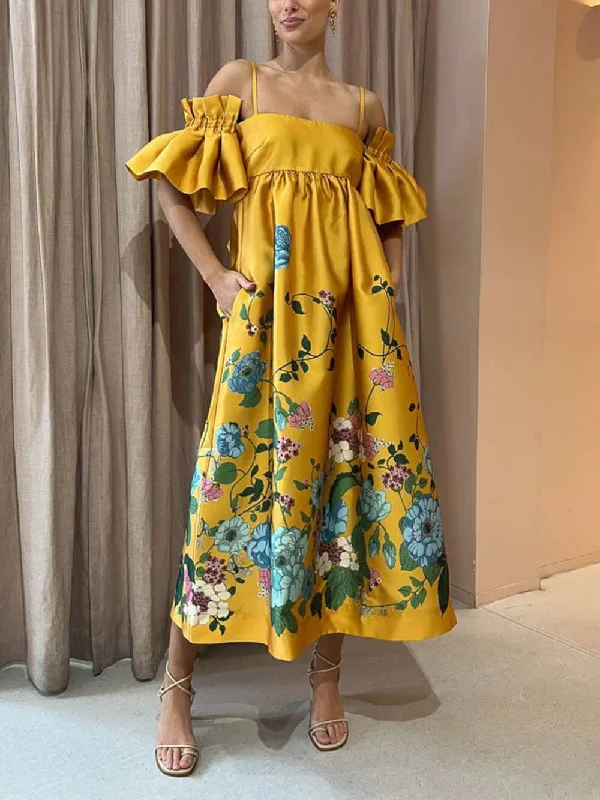 Marigold Printed Gathered Sleeve Graceful Pocketed A-Line Midi Dress Stylish Button-Up Midi Dress Marigold Printed Gathered Sleeve Graceful Pocketed A-Line Midi Dress Stylish Button-Up Midi Dress