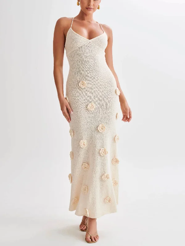 Knitted Floral Stylish Midi Dress Trendy Midi Dress with Belt