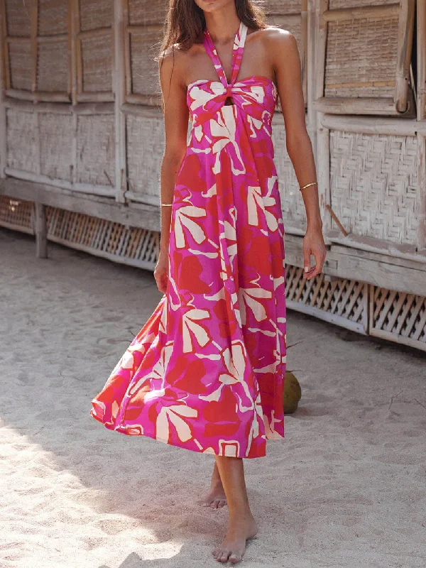 Halterneck Print Berry Charming Lotus Midi dress Elegant Sleeveless Midi Dress