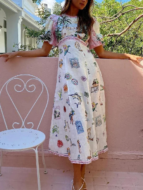 Feature Printed Ethnic Style Graceful Round Neck Midi Dress Trendy Boho Midi Dress