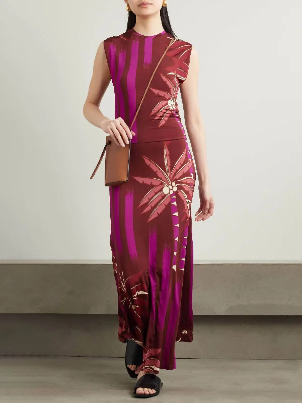 Exquisite Vintage Palm Tree Graceful Print Stretch Knit Midi Dress Trendy Ruffle Hem Midi Dress Exquisite Vintage Palm Tree Graceful Print Stretch Knit Midi Dress Trendy Ruffle Hem Midi Dress