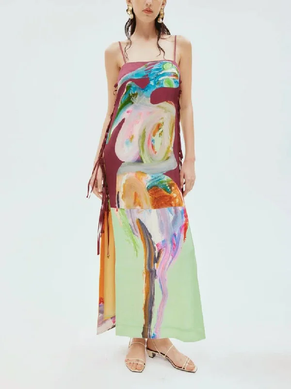Exquisite Art Graffiti Charming Side Lace-up Midi Dress Trendy A-Line Midi Dress