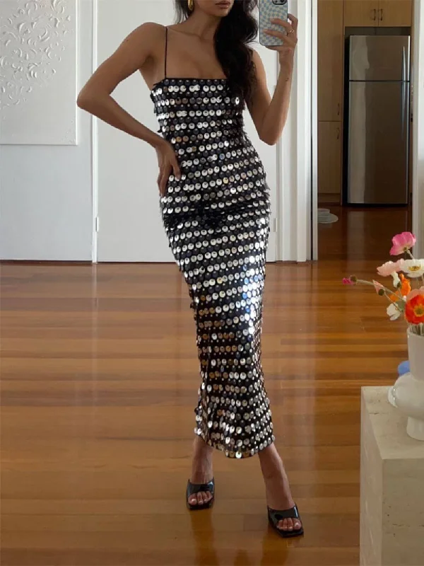 Silver Sequin Stylish Strap Midi Dress Fashionable Chiffon Midi Dress