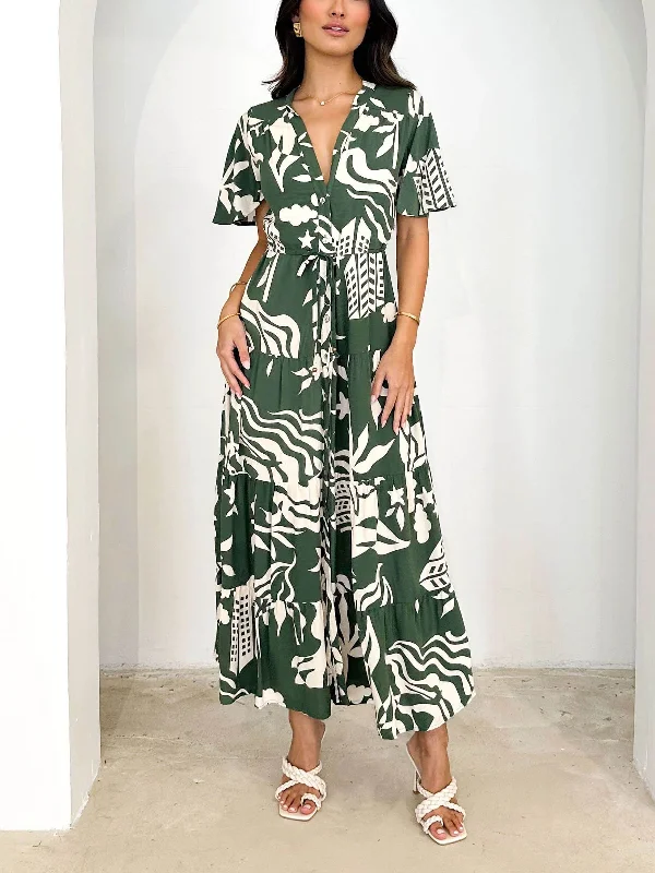 Short Sleeve Resort Charming Print Midi Dress Comfortable Draped Midi Dress