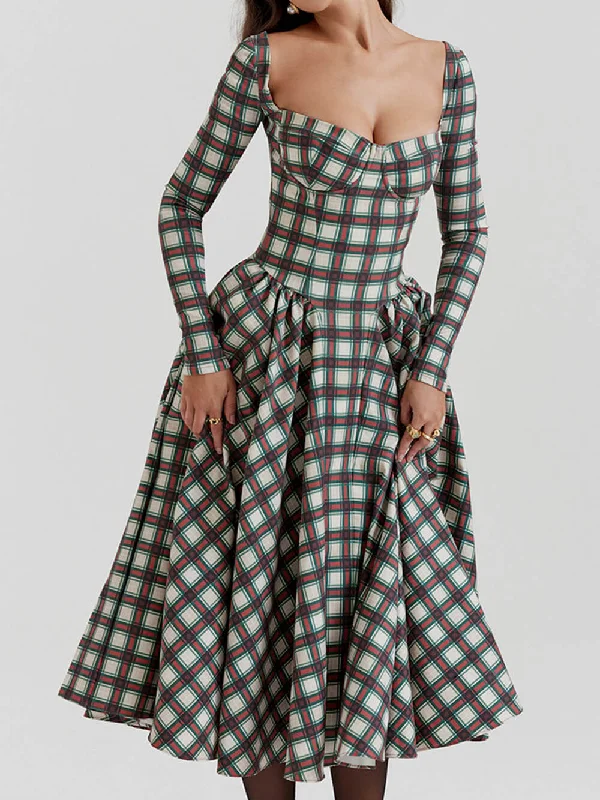 Red Tartan Stylish Corset Midi Dress Trendy Fit-and-Flare Midi Dress