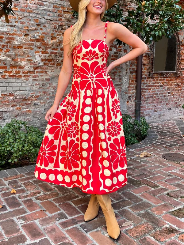 Red Open Back Charming Sleeveless Midi Dress Comfortable Lace-Up Midi Dress