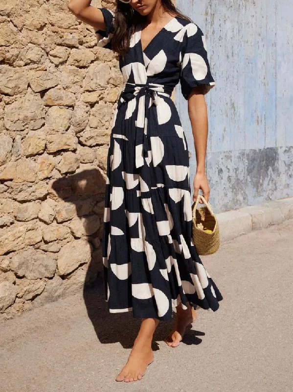 Puff Sleeve V-Neck Charming Geometric Print Midi Dress Elegant Puff Sleeve Midi Dress Puff Sleeve V-Neck Charming Geometric Print Midi Dress Elegant Puff Sleeve Midi Dress
