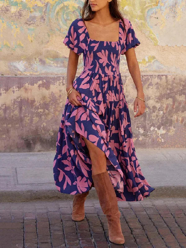 Puff Sleeve Square Charming Neck Printed Midi Dress Trendy Ruched Side Midi Dress