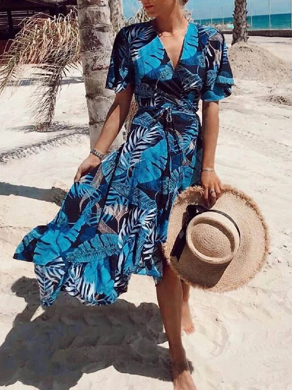 Palm Leaf Print Charming Wrap Over Midi Dress Trendy Tiered Hem Midi Dress