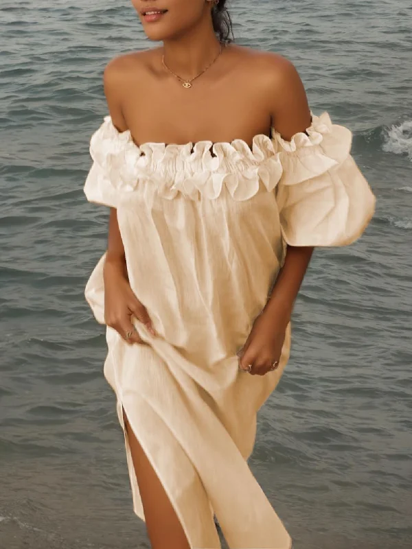 Off Shoulder Ruffle Puff Graceful Sleeve Pocketed Midi Dress Stylish Satin Midi Dress Off Shoulder Ruffle Puff Graceful Sleeve Pocketed Midi Dress Stylish Satin Midi Dress