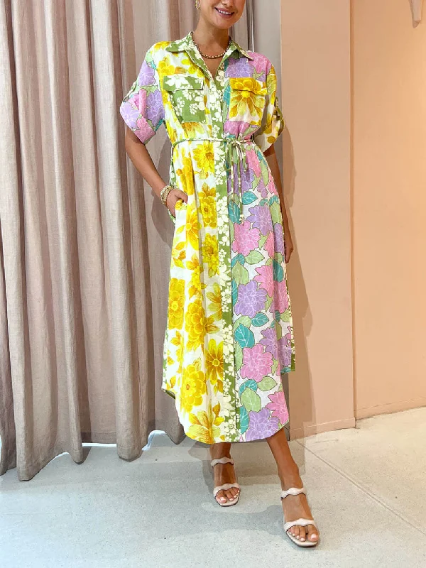 Multicolor Paneled Stylish Shirt-Style Midi Dress Trendy Shift Midi Dress