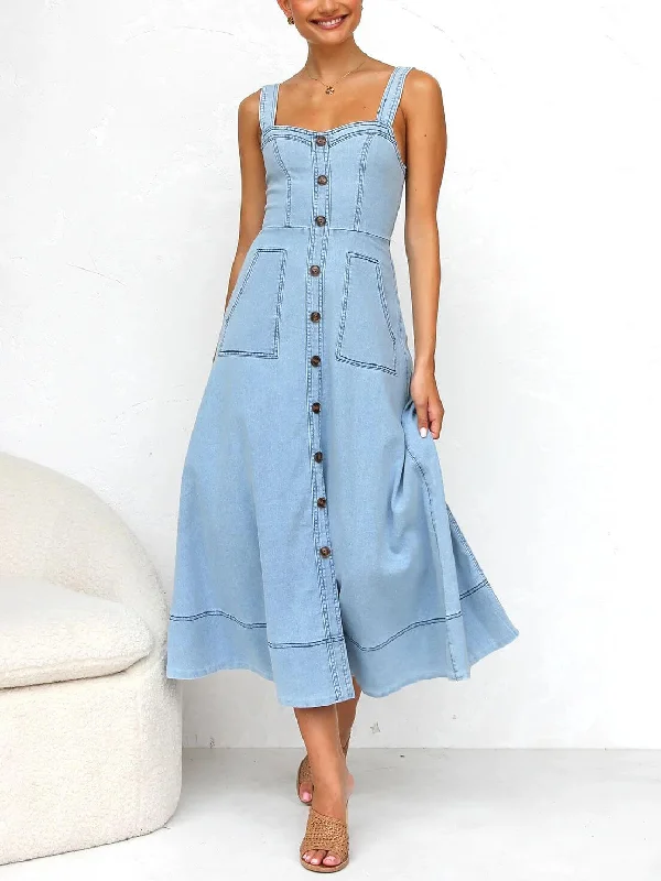 Denim Suspender Casual Charming Button Midi Dress Fashionable Pencil Midi Dress