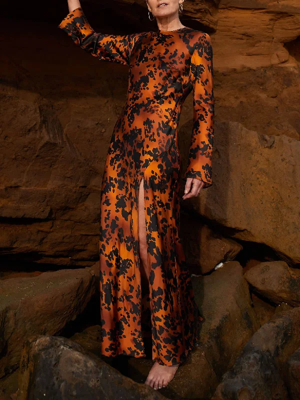 Delicate Satin Printed Slit Graceful Long Sleeve Midi Dress Trendy Knit Midi Dress