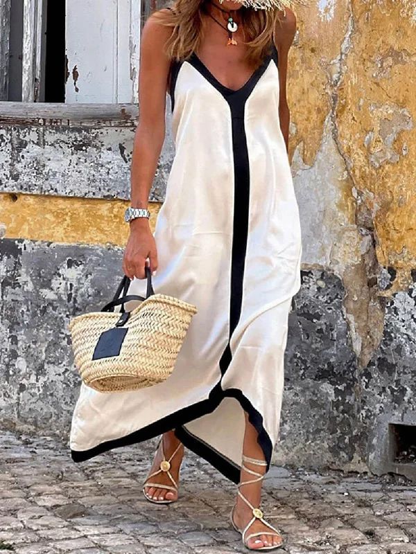 Colorblock Suspender Stylish Midi Dress Elegant Pleated Sleeve Midi Dress
