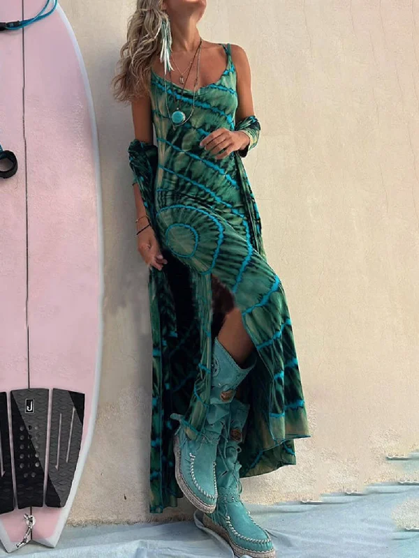 Boho Tie-dye Print Charming Slit Midi Dress Trendy Smocked Waist Midi Dress