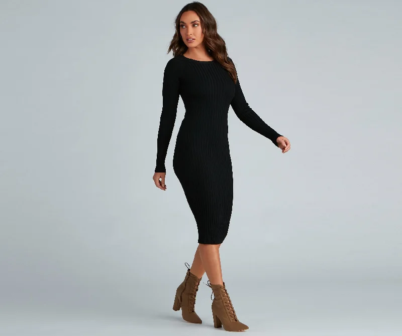 Chic Twist Long Charming Sleeve Midi Dress Trendy Midi Dress with Belt