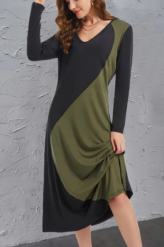 Contrast Long Sleeve Midi Dress Cozy Wide Strap Midi Dress