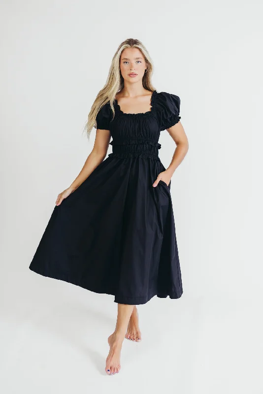 Raquel Cotton-Poplin Midi Dress in Black - Bump Friendly Chic Bohemian Midi Dress