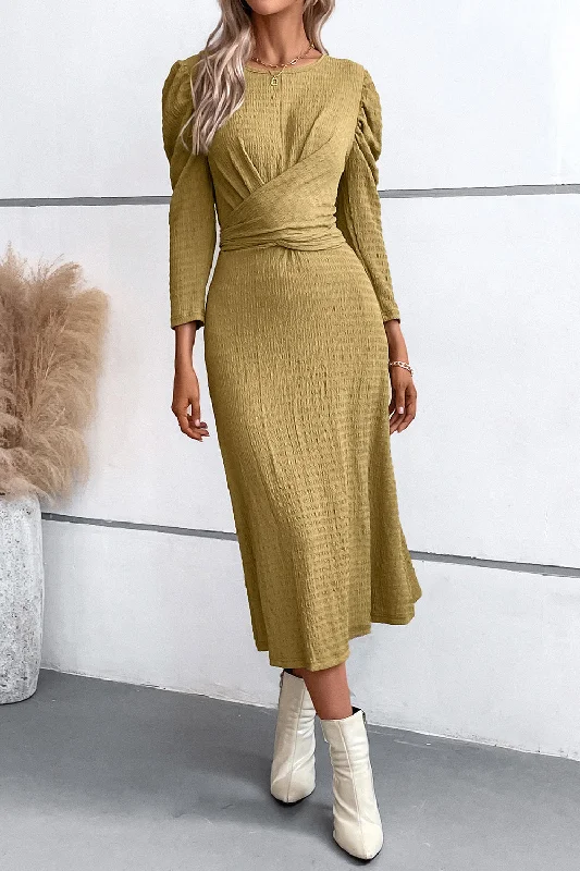 Crisscross Tied Puff  Casual Long Sleeve Midi Dress Trendy Boho Midi Dress