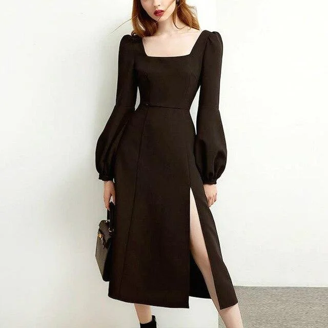 Dark Academia Black Retro Midi Dress Fashionable Sheer Sleeve Midi Dress