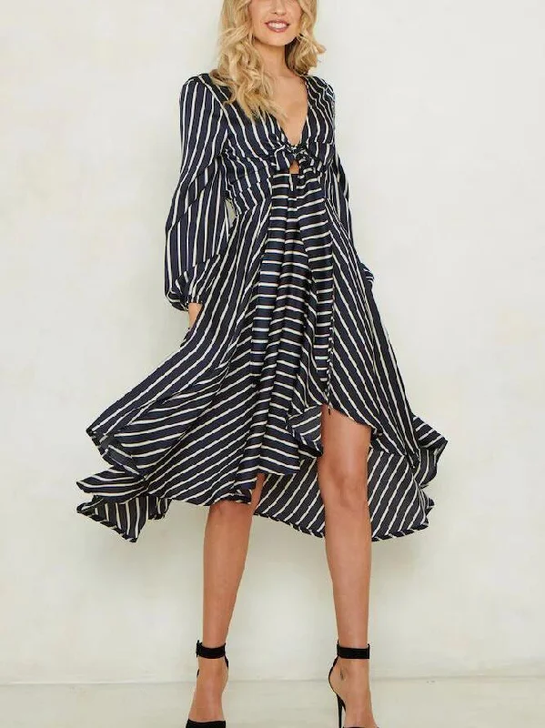 Deana Stripe Plunging Neck Midi Dress Comfortable Floral Print Midi Dress