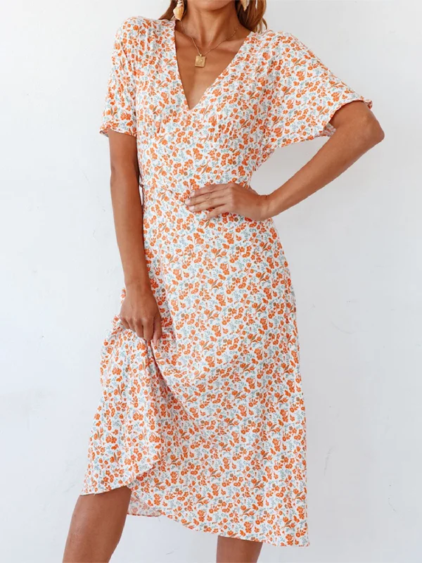 Ditsy Floral V-Neck Short Sleeve Midi Dress Fashionable Plaid Midi Dress