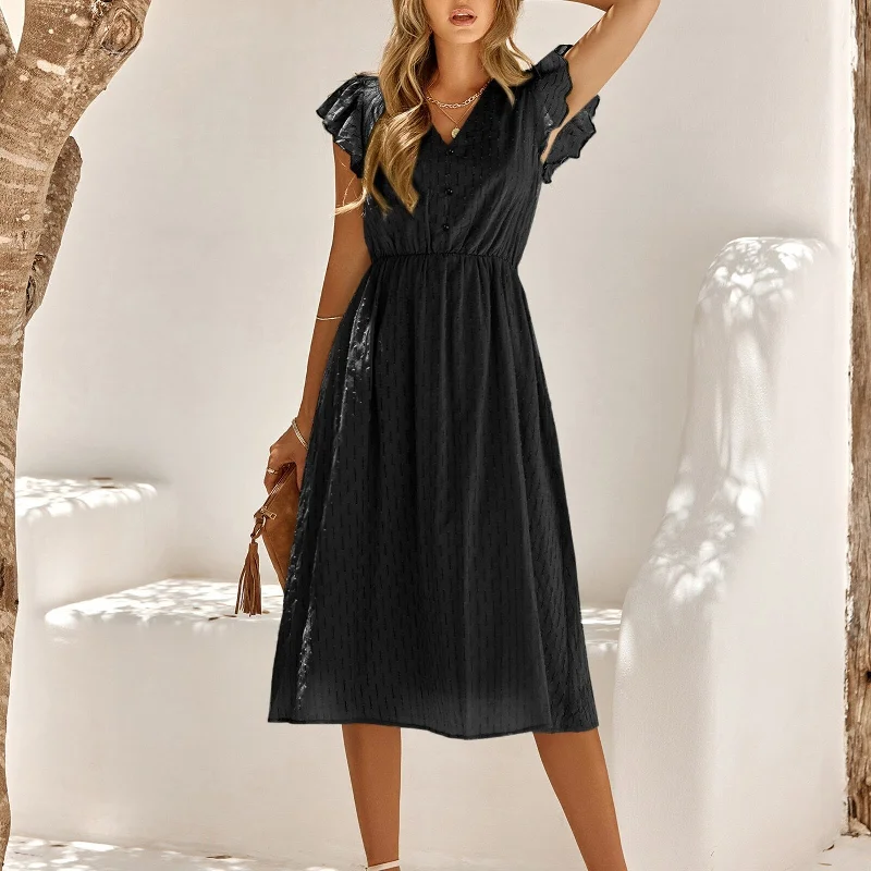 Elegant Ruffle Sleeve V-Neck Solid Color Midi Dress Trendy Long Sleeve Midi Dress