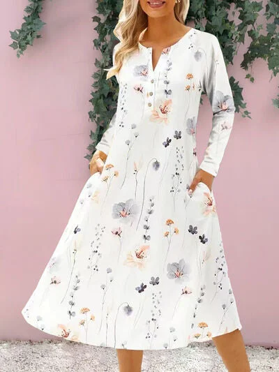 Floral Notched Long Sleeve Midi Dress Fashionable A-Line Midi Dress