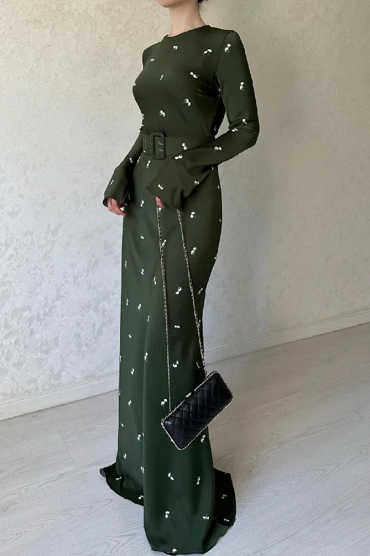 Floral Print Belted High Waist Midi Dress Trendy Mock Neck Midi Dress