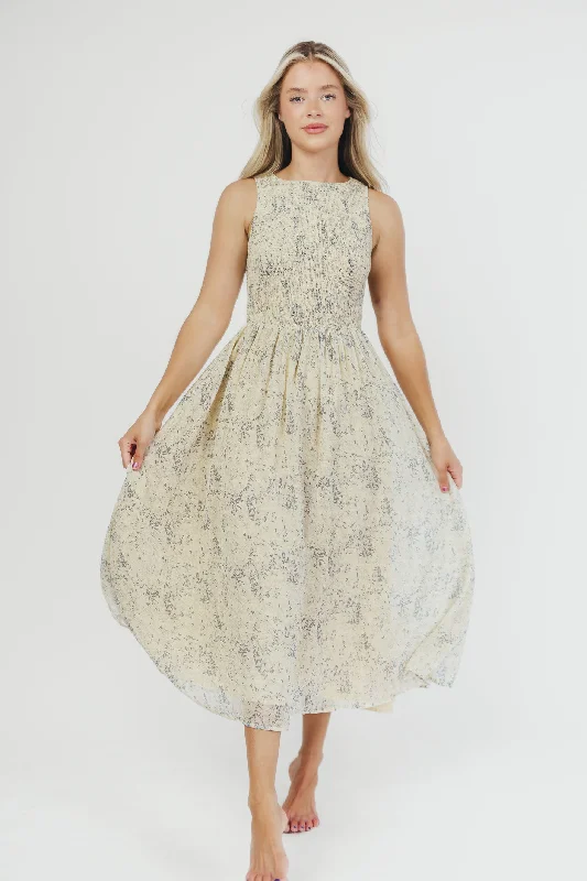Alaina Floral Print Smocked Midi Dress in Blue Multi Fashionable Floral Embroidery Midi Dress Alaina Floral Print Smocked Midi Dress in Blue Multi Fashionable Floral Embroidery Midi Dress