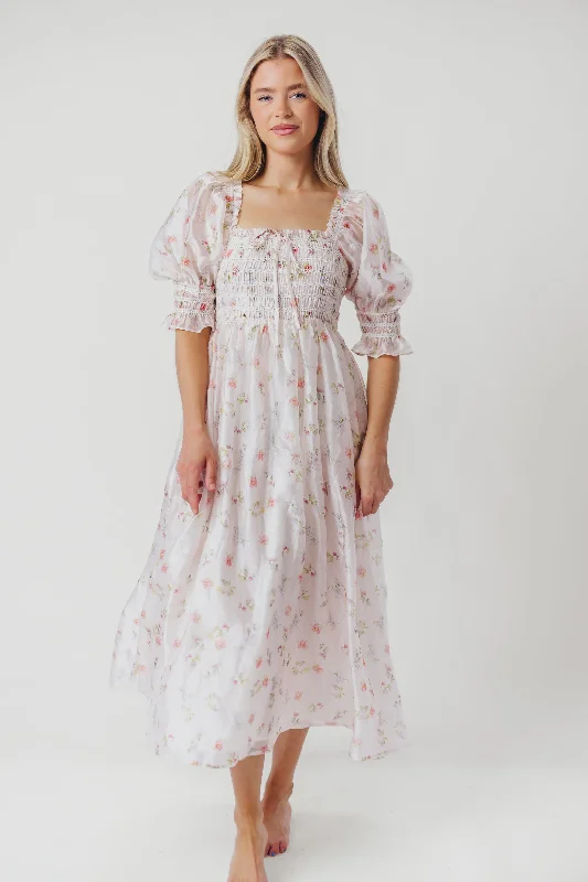 Rebecca Joy Smocked Midi Dress in Pink Roses - Bump Friendly & Inclusive Sizing (S-3XL) Elegant V-Neck Midi Dress Rebecca Joy Smocked Midi Dress in Pink Roses - Bump Friendly & Inclusive Sizing (S-3XL) Elegant V-Neck Midi Dress