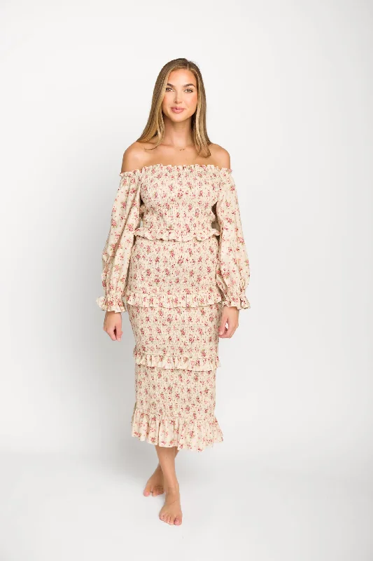 Lila Floral Printed Smocked Midi Dress in Pink - Bump Friendly Stylish High-Waisted Midi Dress Lila Floral Printed Smocked Midi Dress in Pink - Bump Friendly Stylish High-Waisted Midi Dress