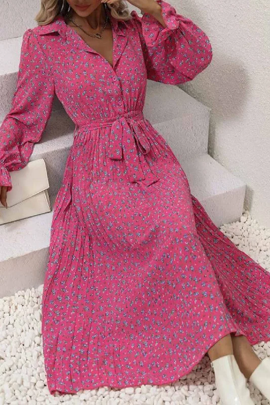 Floral Tie Wasit Long Sleeve Pleated Midi Dress Fashionable Pencil Midi Dress